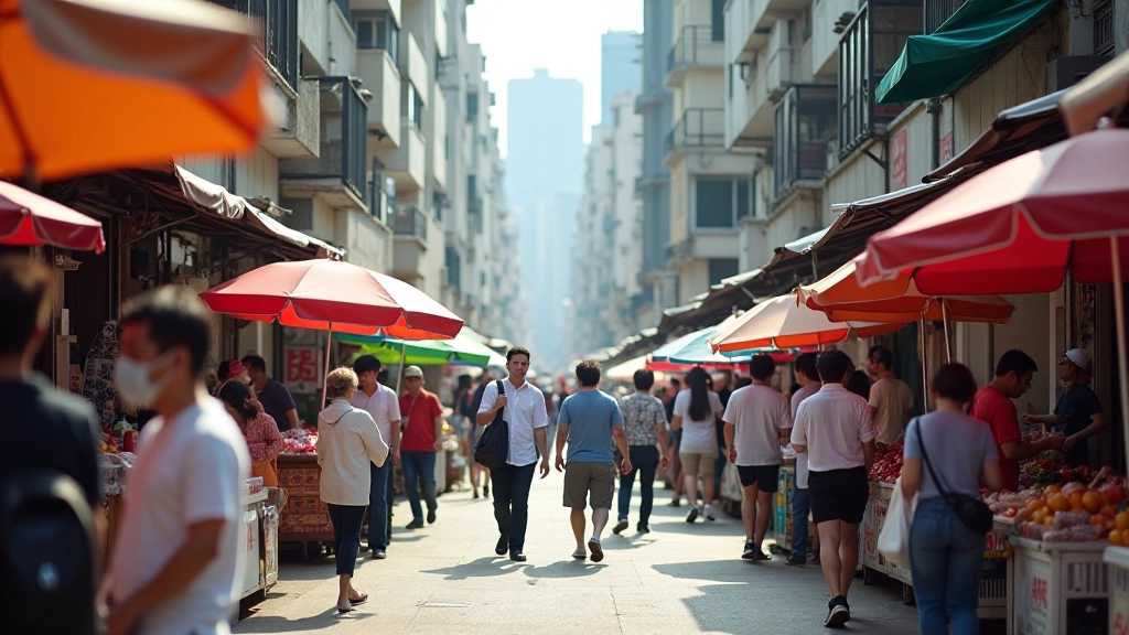 Hong Kong street market showing daily life and household activities in urban neighborhood
