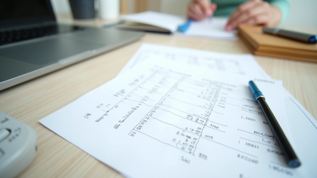 Financial planning documents with expense breakdown categories and monthly cost calculations written clearly