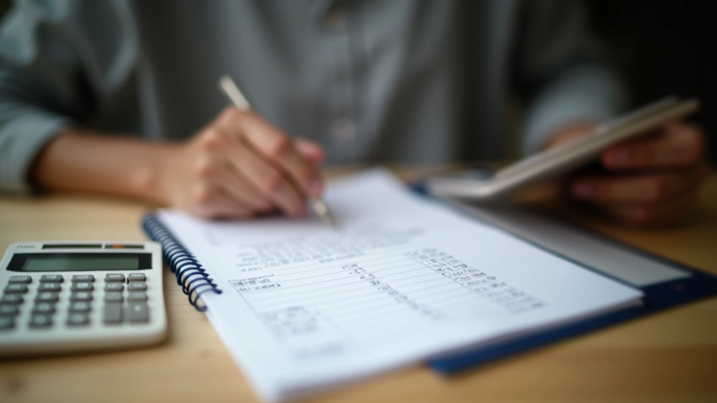 Close-up view of expense tracking notebook with handwritten budget categories and calculator on wooden desk, warm lighting