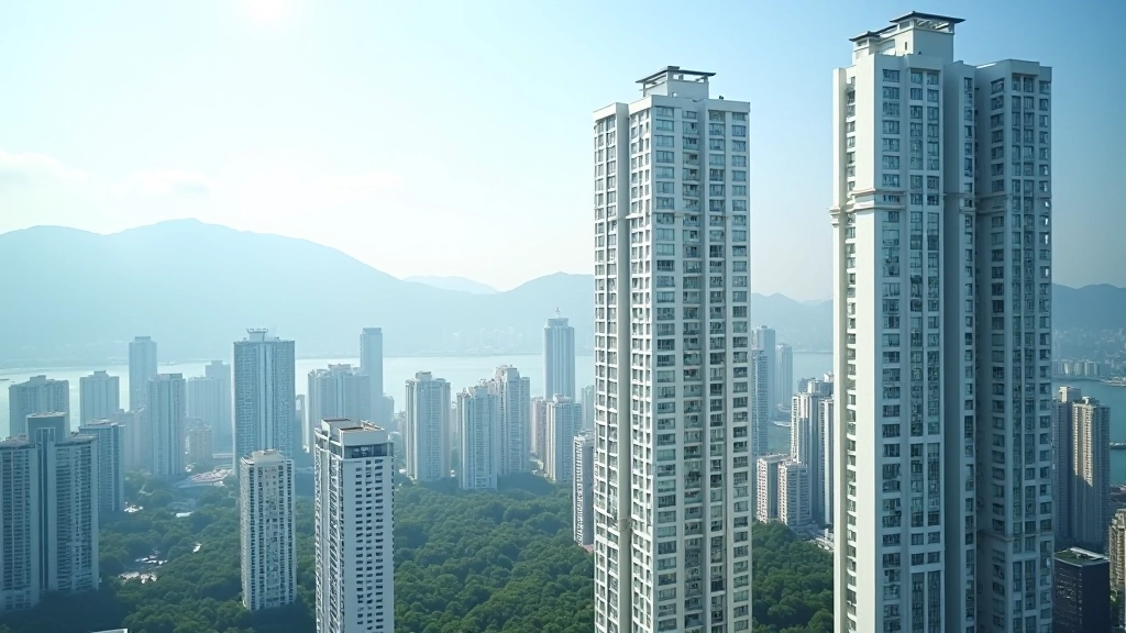 Modern Hong Kong residential apartment building with bright natural lighting and windows, aerial city view, daytime