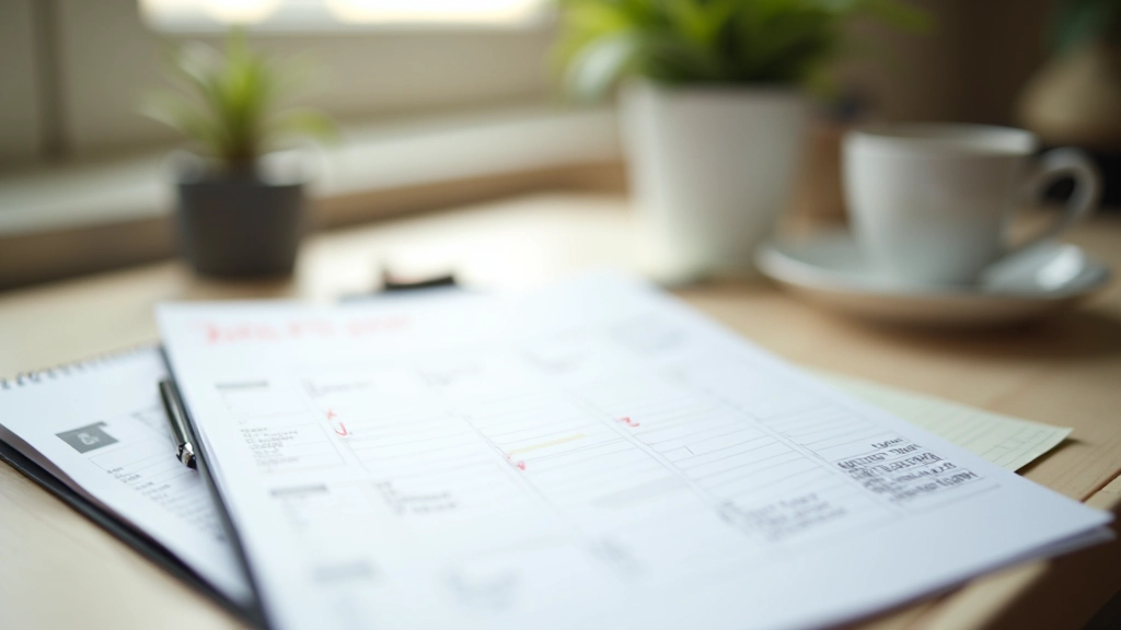 Calendar and automatic payment reminder on a desk with a pen and coffee cup in morning light