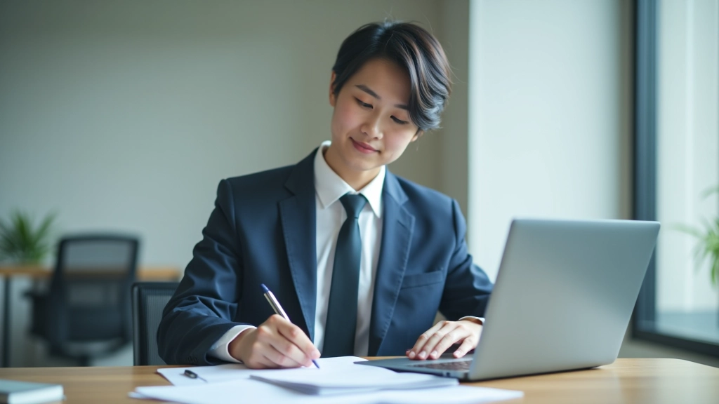 Person sitting at a clean desk reviewing documents and taking notes while a laptop displays financial information in the background