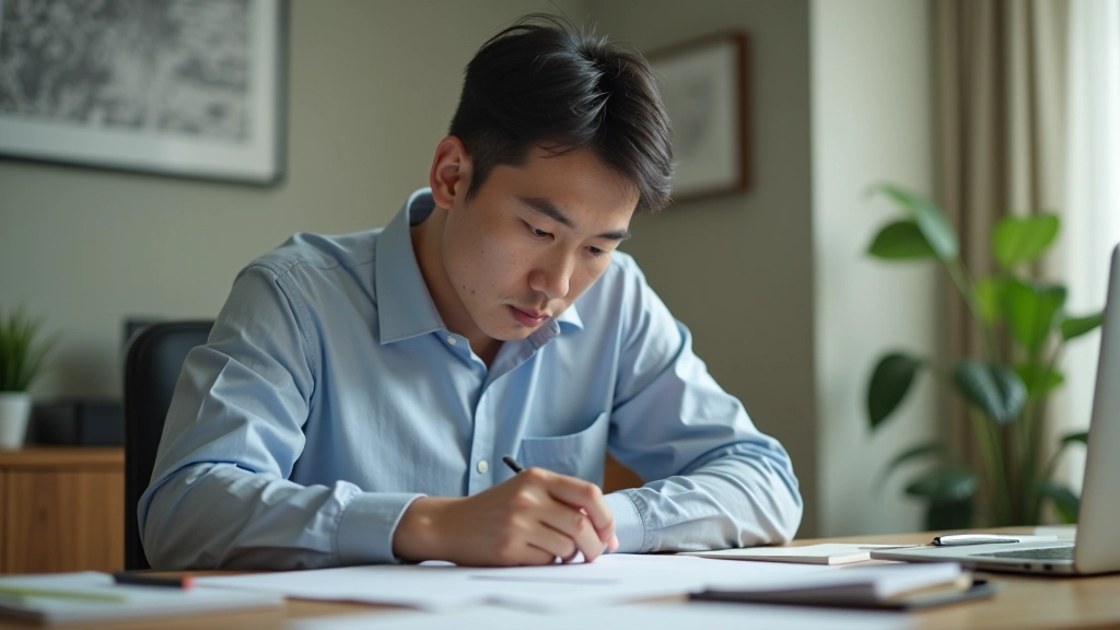 Person reviewing financial documents at home office desk with laptop showing banking dashboard, morning natural light streaming through window