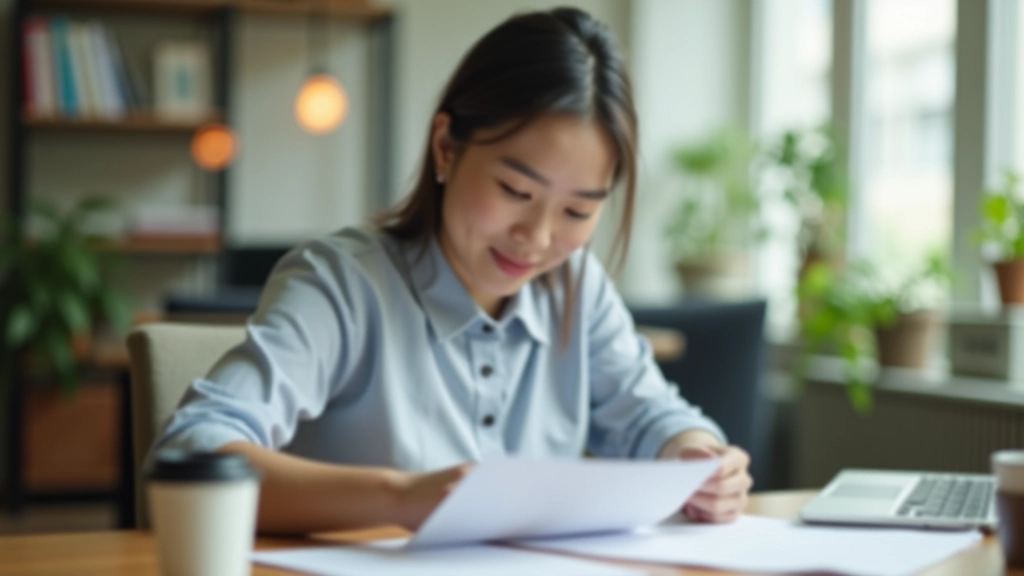Person reading financial documents and guidelines about emergency savings with cup of coffee on workspace