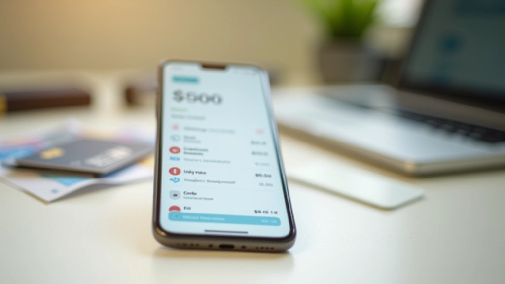 Smartphone displaying a banking app interface on a bright desk with credit cards and financial documents nearby